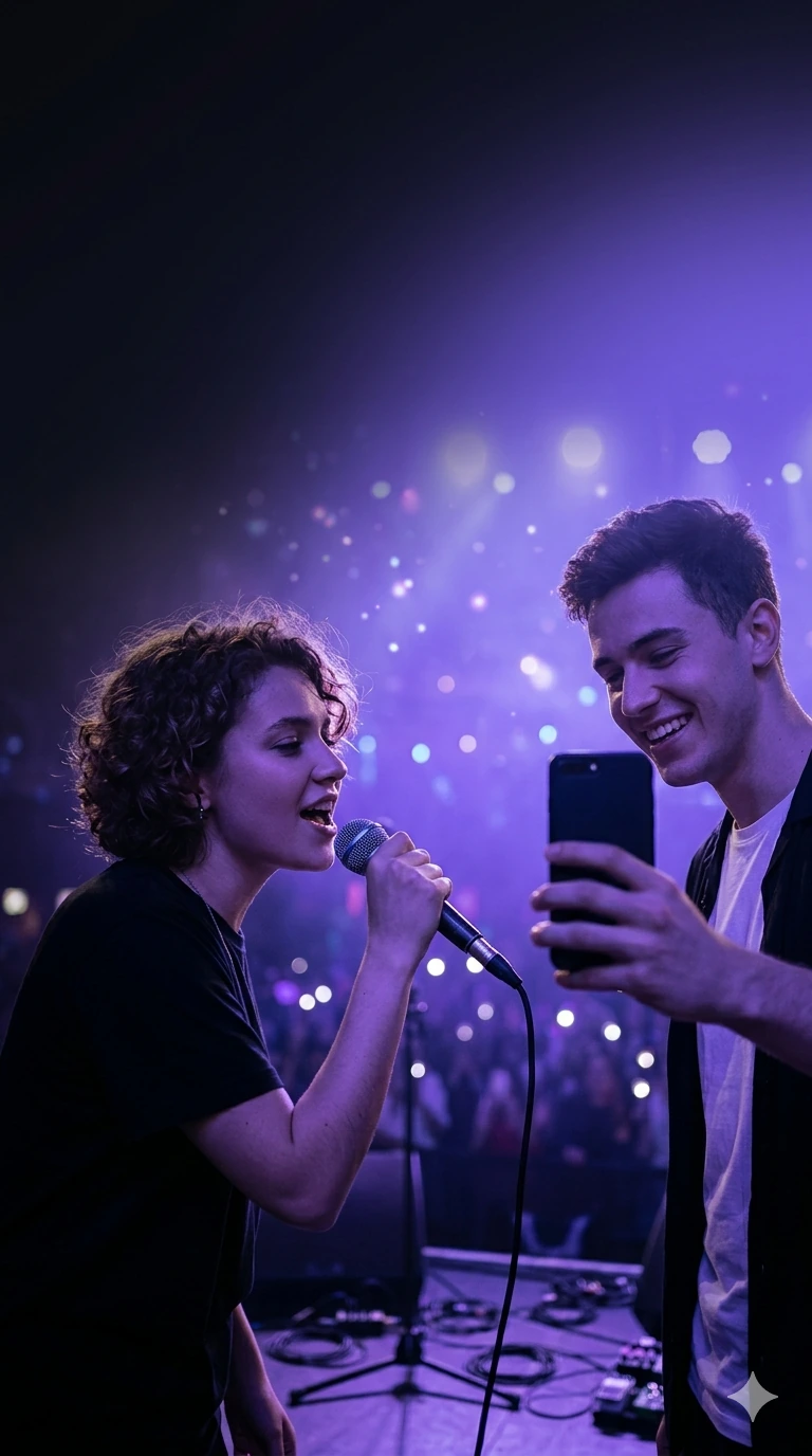 Cantora no palco sendo filmada pelo celular