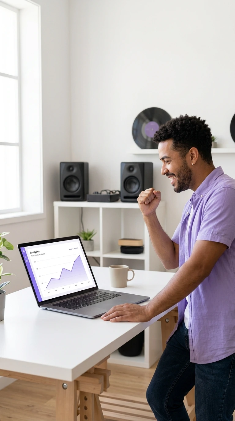 Empresário musical comemorando os resultados no notebook